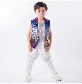 Rainbow colored sequins waistcoat vest rhinestones pants boys kids children stage performance jazz hip hop dance costumes outfits